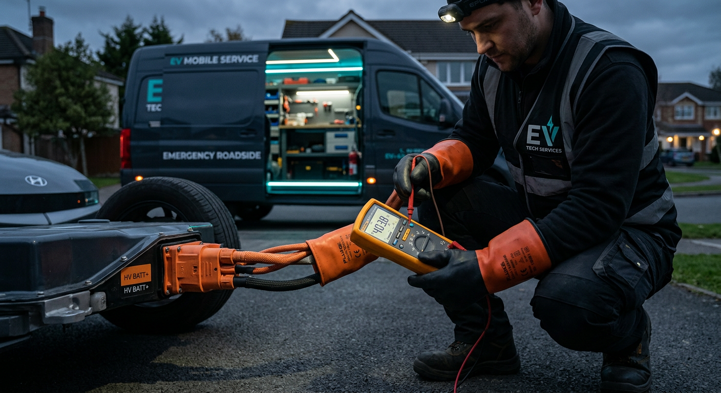 FixAnyEV technician wearing insulated gloves testing an electric vehicle's high-voltage connector